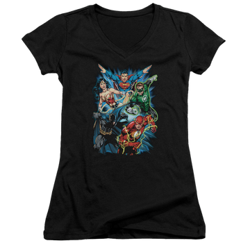 Black juniors v-neck t-shirt with Justice League Jl Assemble graphic