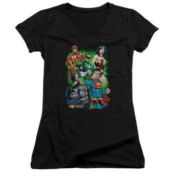 Black juniors v-neck t-shirt with Justice League Will Power graphic