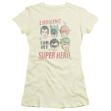 Cream juniors t-shirt with Justice League My Super Hero graphic
