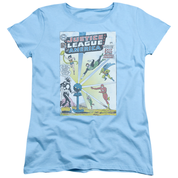 Light blue women's t-shirt with Justice League Vintage Cover 12 graphic