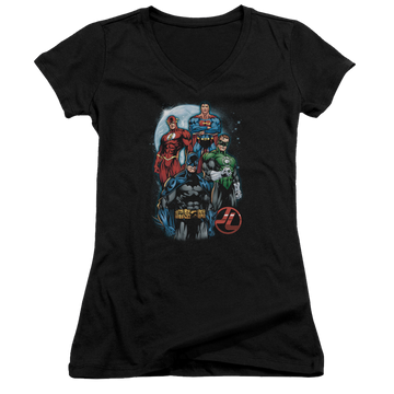 Black juniors v-neck t-shirt with Justice League The Four graphic
