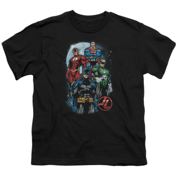 Black youth t-shirt for ages 8 to 12 with Justice League The Four graphic