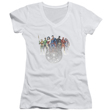 White juniors v-neck t-shirt with Justice League Circle Crest graphic