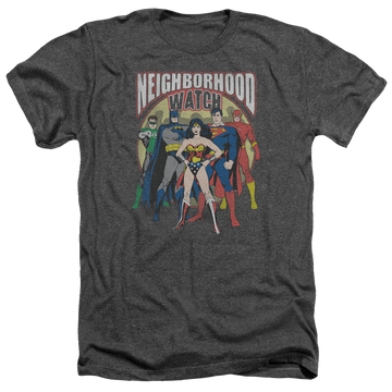 Charcoal men's heather t-shirt with Justice League Neighborhood Watch graphic