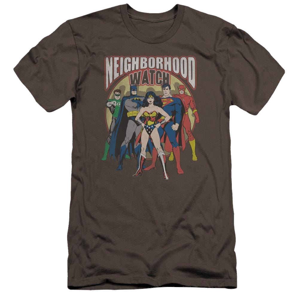 Jla Neighborhood Watch Premium Adult Slim Fit T-Shirt Men's Premium Slim Fit T-Shirt Justice League   