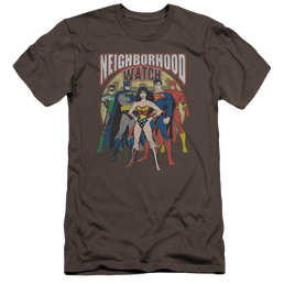 Jla Neighborhood Watch Premium Adult Slim Fit T-Shirt Men's Premium Slim Fit T-Shirt Justice League   