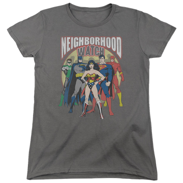 Charcoal women's t-shirt with Justice League Neighborhood Watch graphic