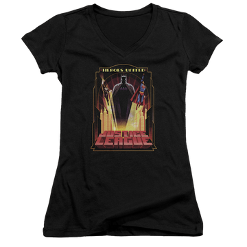 Black juniors v-neck t-shirt with Justice League Heroes United graphic