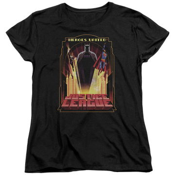 Black women's t-shirt with Justice League Heroes United graphic