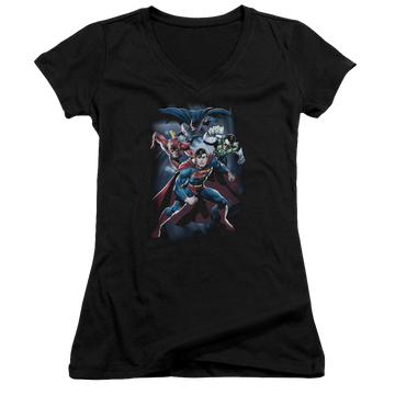 Black juniors v-neck t-shirt with Justice League Cosmic Crew graphic