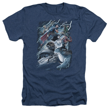 Navy men's heather t-shirt with Justice League Ride The Lightening graphic