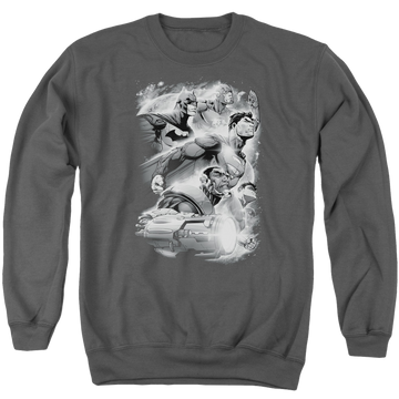 Charcoal men's crewneck sweatshirt with Justice League Atmospheric graphic