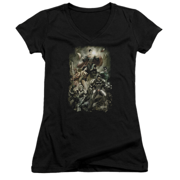 Black juniors v-neck t-shirt with Justice League Aftermath graphic