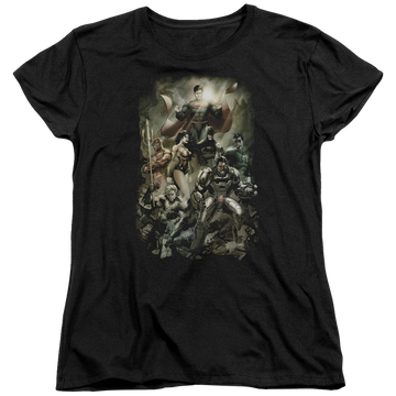 Black women's t-shirt with Justice League Aftermath graphic