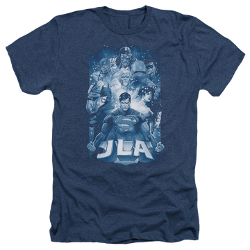 Navy men's heather t-shirt with Justice League Burst graphic