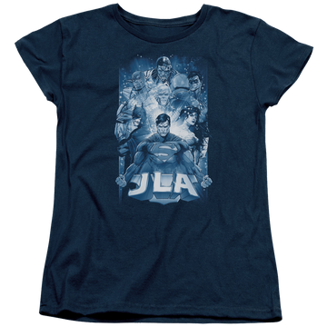 Navy women's t-shirt with Justice League Burst graphic