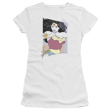 White juniors t-shirt with Wonder Woman Justice League Ww 80s Minimal graphic