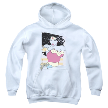 White youth hoodie for ages 8 to 12 with Wonder Woman Ww 80S Minimal graphic