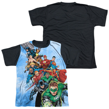 Justice League Heroes Unite youth black back t-shirt for ages 8 to 12
