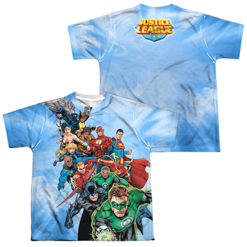 Justice League Heroes Unite youth all-over print t-shirt for ages 8 to 12