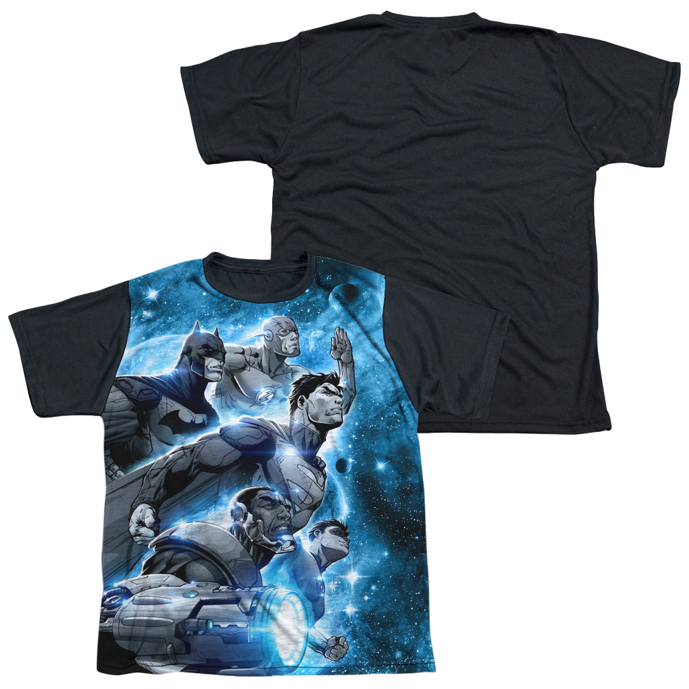 Justice League Atmospheric - Youth Black Back T-Shirt Youth Black Back T-Shirt (Ages 8-12) Justice League   