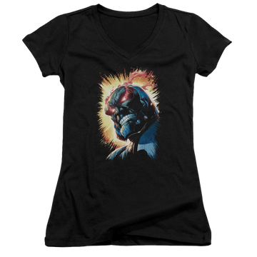 Black juniors v-neck t-shirt with DC Comics Justice League Darkseid Is graphic