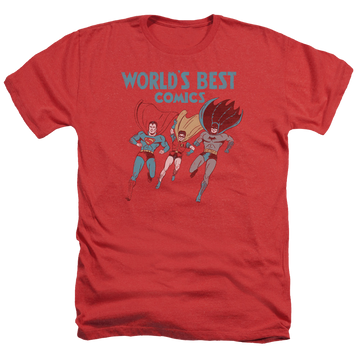 Red men's heather t-shirt with Justice League Worlds Best graphic