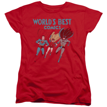 Red women's t-shirt with Justice League Worlds Best graphic