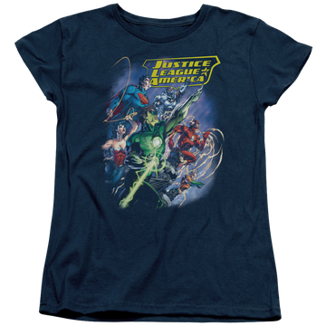 Navy women's t-shirt with Justice League Onward graphic