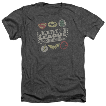Charcoal men's heather t-shirt with Justice League Symbols graphic