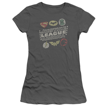 Charcoal juniors t-shirt with Justice League Symbols graphic