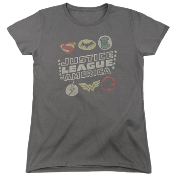 Charcoal women's t-shirt with Justice League Symbols graphic