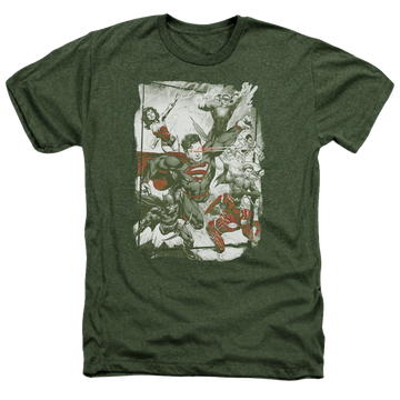 Military green men's heather t-shirt with Justice League Green And Red graphic