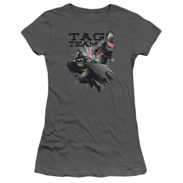 Charcoal juniors t-shirt with Justice League Tag Team graphic