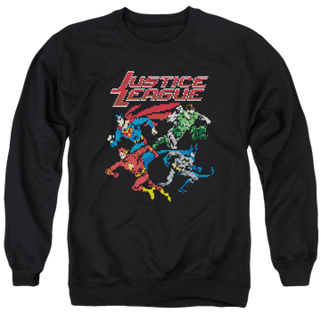 Black men's crewneck sweatshirt with Justice League Pixel League graphic