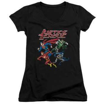 Black juniors v-neck t-shirt with Justice League Pixel League graphic