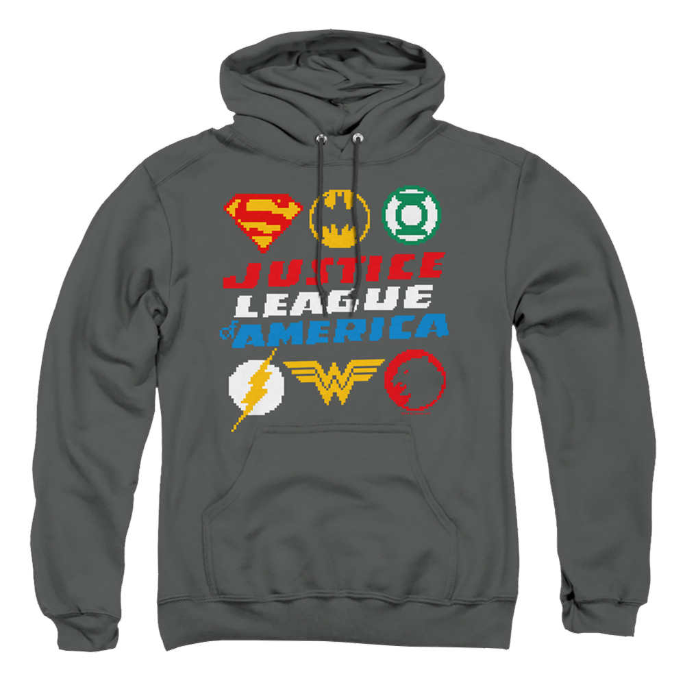 Justice League Pixel Logos Pullover Hoodie Pullover Hoodie Justice League   
