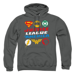Justice League Pixel Logos Pullover Hoodie Pullover Hoodie Justice League   