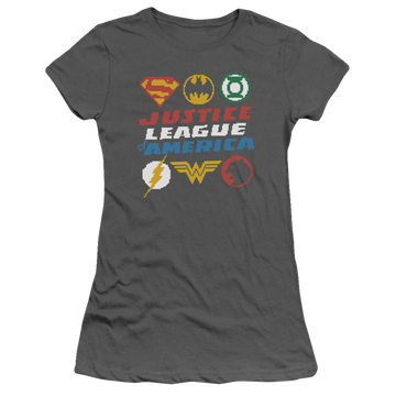 Charcoal juniors t-shirt with Justice League Pixel Logos graphic