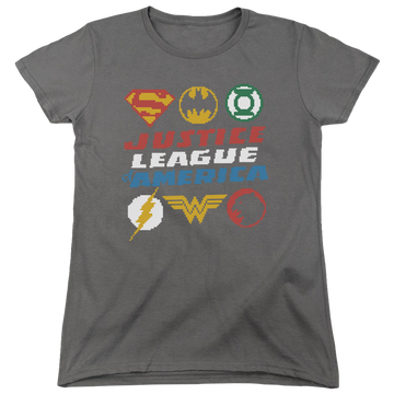 Charcoal women's t-shirt with Justice League Pixel Logos graphic