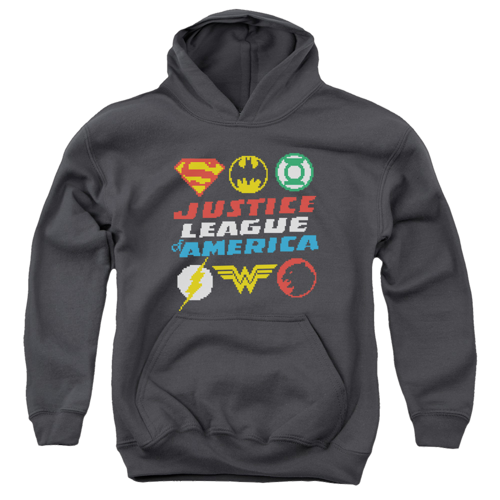 Justice League Pixel Logos - Youth Hoodie Youth Hoodie (Ages 8-12) Justice League   