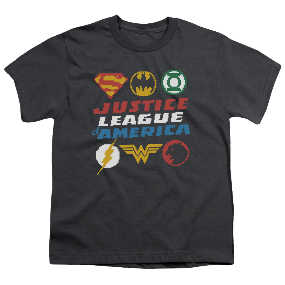Justice League Pixel Logos - Youth T-Shirt Youth T-Shirt (Ages 8-12) Justice League   