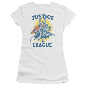 White juniors t-shirt with Justice League Lets Do This graphic