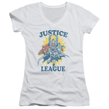 White juniors v-neck t-shirt with Justice League Lets Do This graphic