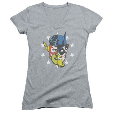 Athletic heather juniors v-neck t-shirt with Justice League Face Off graphic