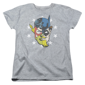 Athletic heather women's t-shirt with Justice League Face Off graphic