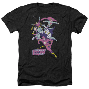 Charcoal men's heather t-shirt with Justice League Colorful League graphic