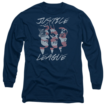 Navy men's long sleeve t-shirt with Justice League Justice For America graphic