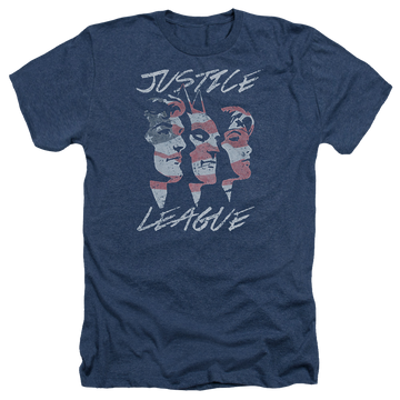 Navy men's heather t-shirt with Justice League Justice For America graphic