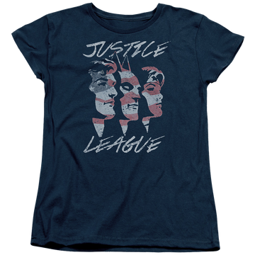 Navy women's t-shirt with Justice League Justice For America graphic